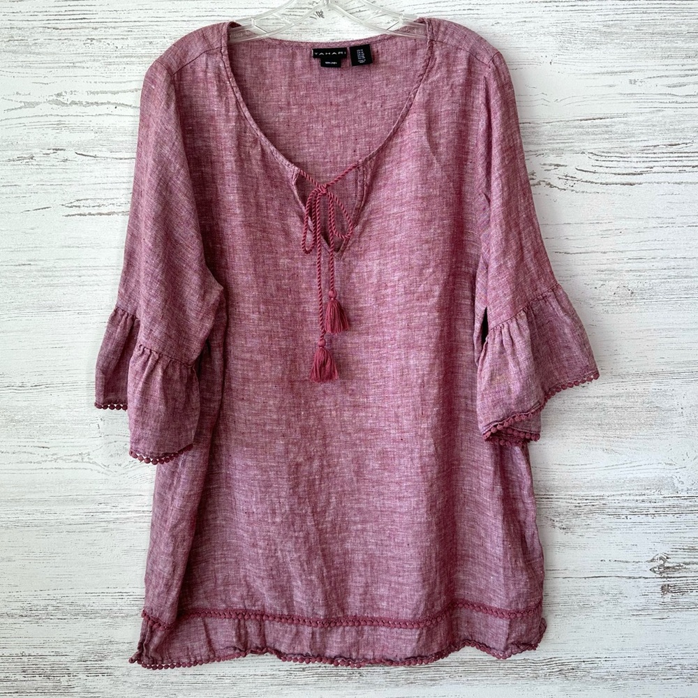 TAHARI 100% Linen Boho Popcorn Fringe Bell Sleeve Blouse 1X Red/Pink